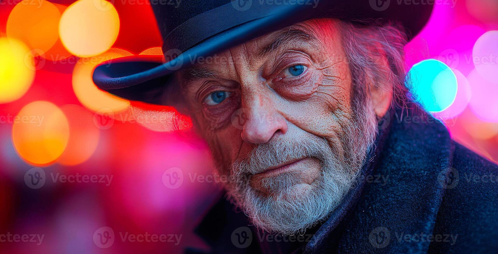 A man wearing a hat and a beard is looking at the camera. The image has a vintage feel to it. Sprechstallmeister. Circus host photo