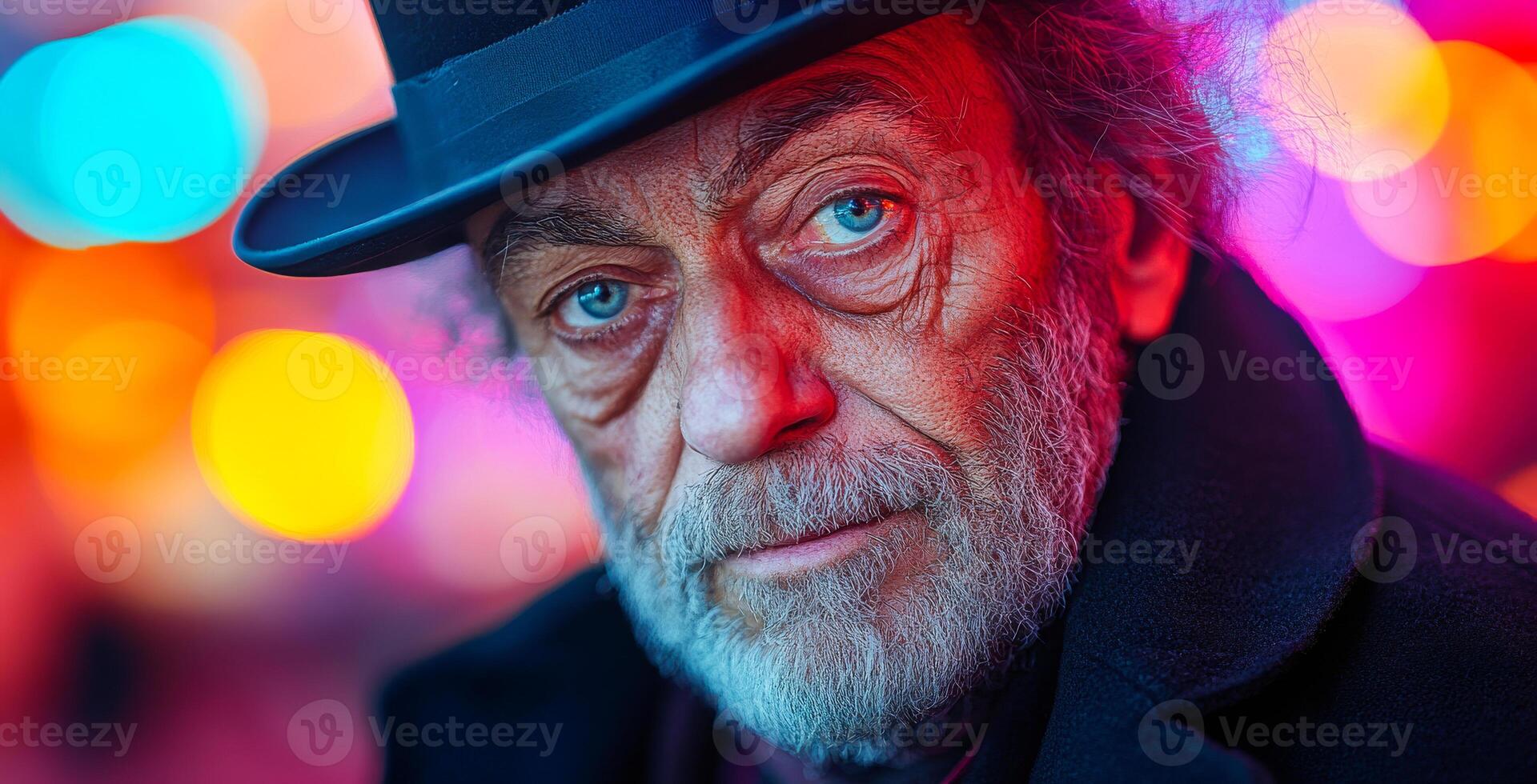 A man with a hat and beard is looking at the camera. The image has a moody and mysterious feel to it. Sprechstallmeister. Circus host photo