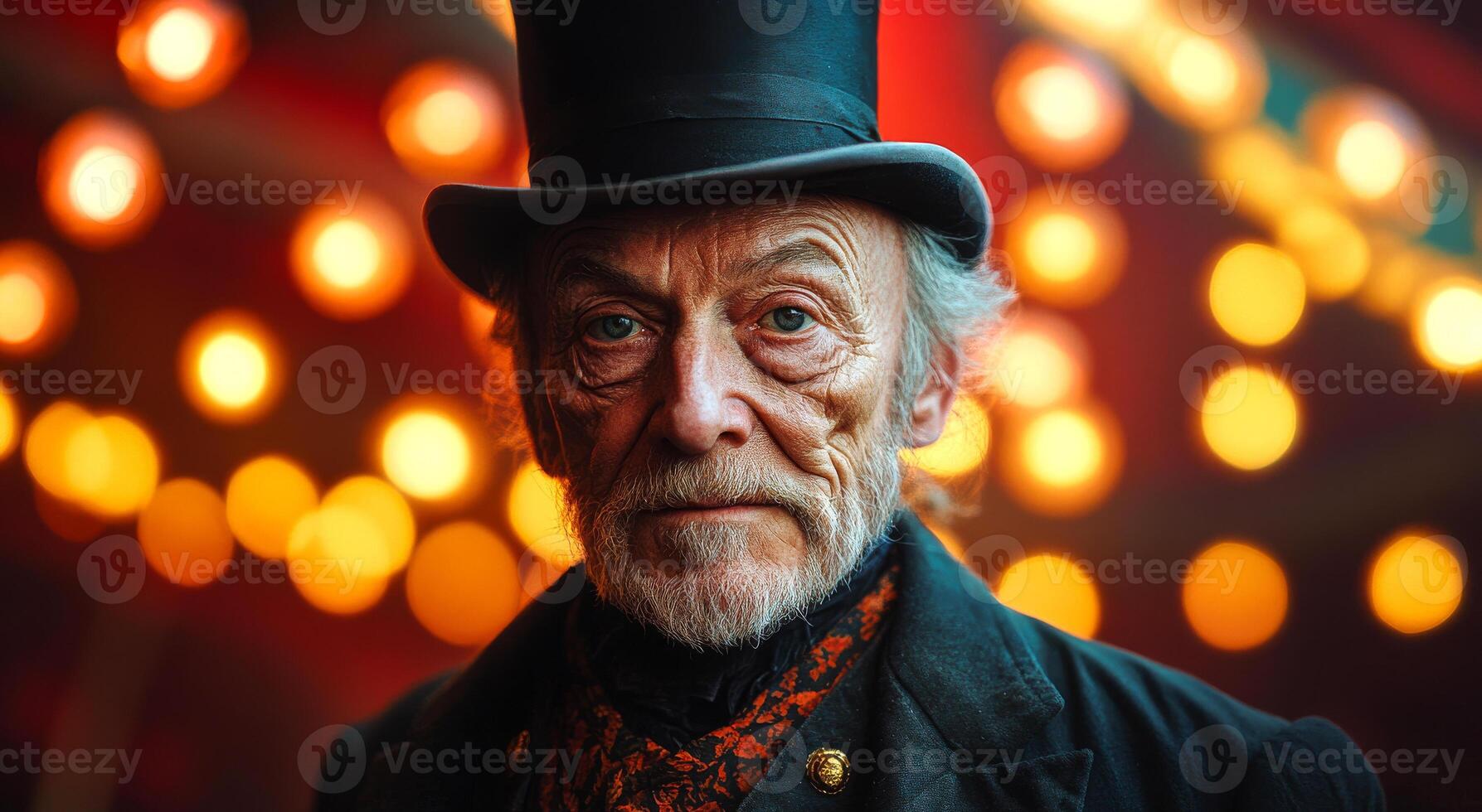 A man in a top hat and a black coat is standing in front of a red background. The man has a serious expression on his face. Sprechstallmeister. Circus host photo