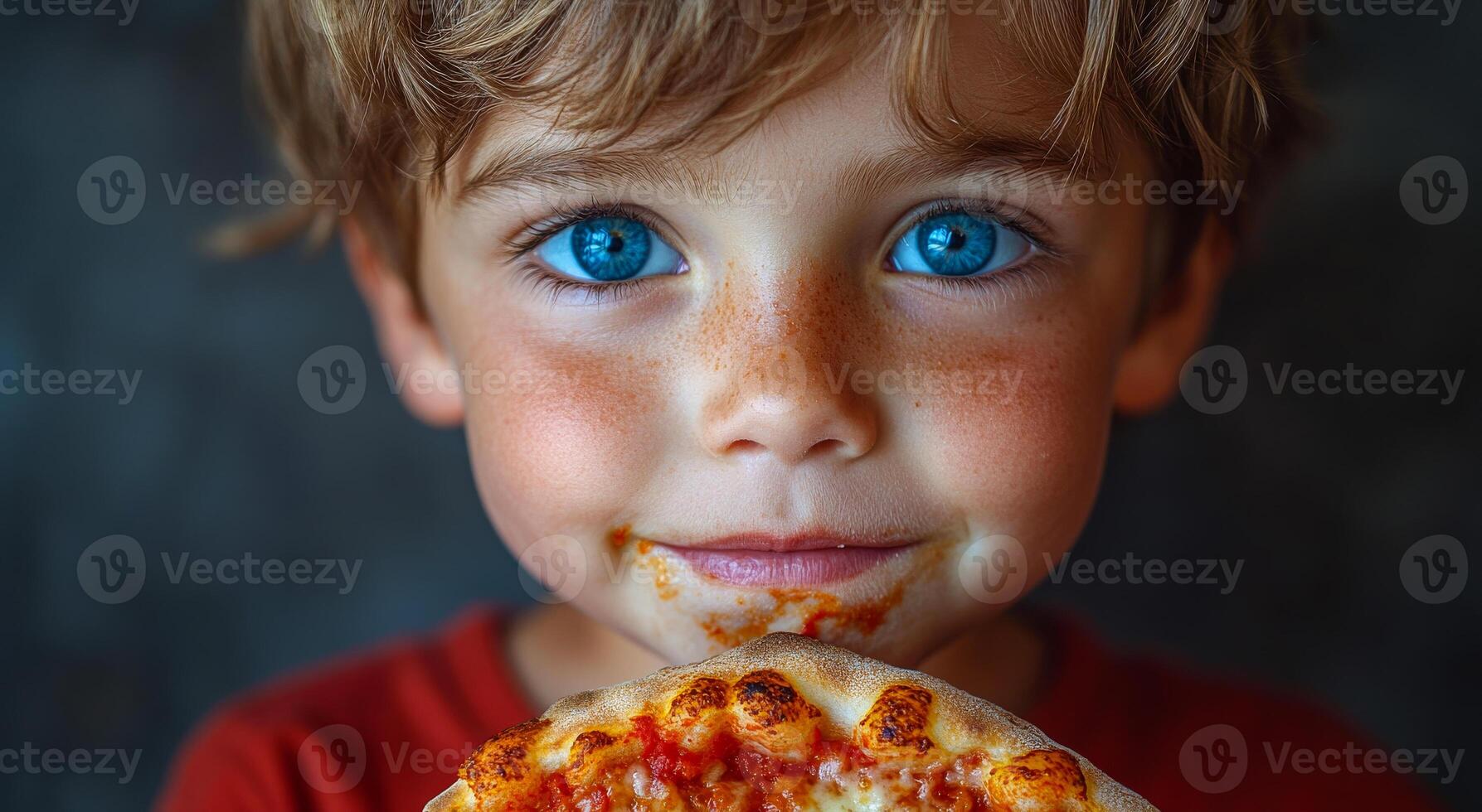A young boy is holding a slice of pizza with tomato sauce on it. He has a big smile on his face and his eyes are wide open photo