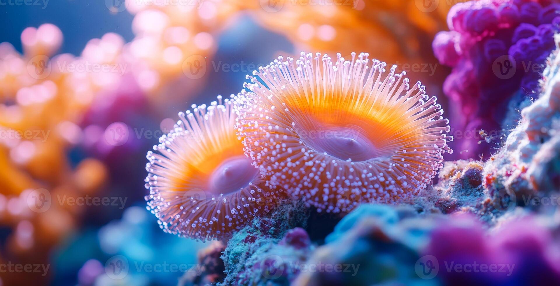 Two orange sea urchins are surrounded by colorful coral. Concept of vibrancy and life in the ocean photo