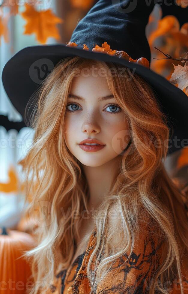 A young woman with long blonde hair is wearing a black witch hat and a black and orange dress. She is posing for a photo in front of a Halloween decoration
