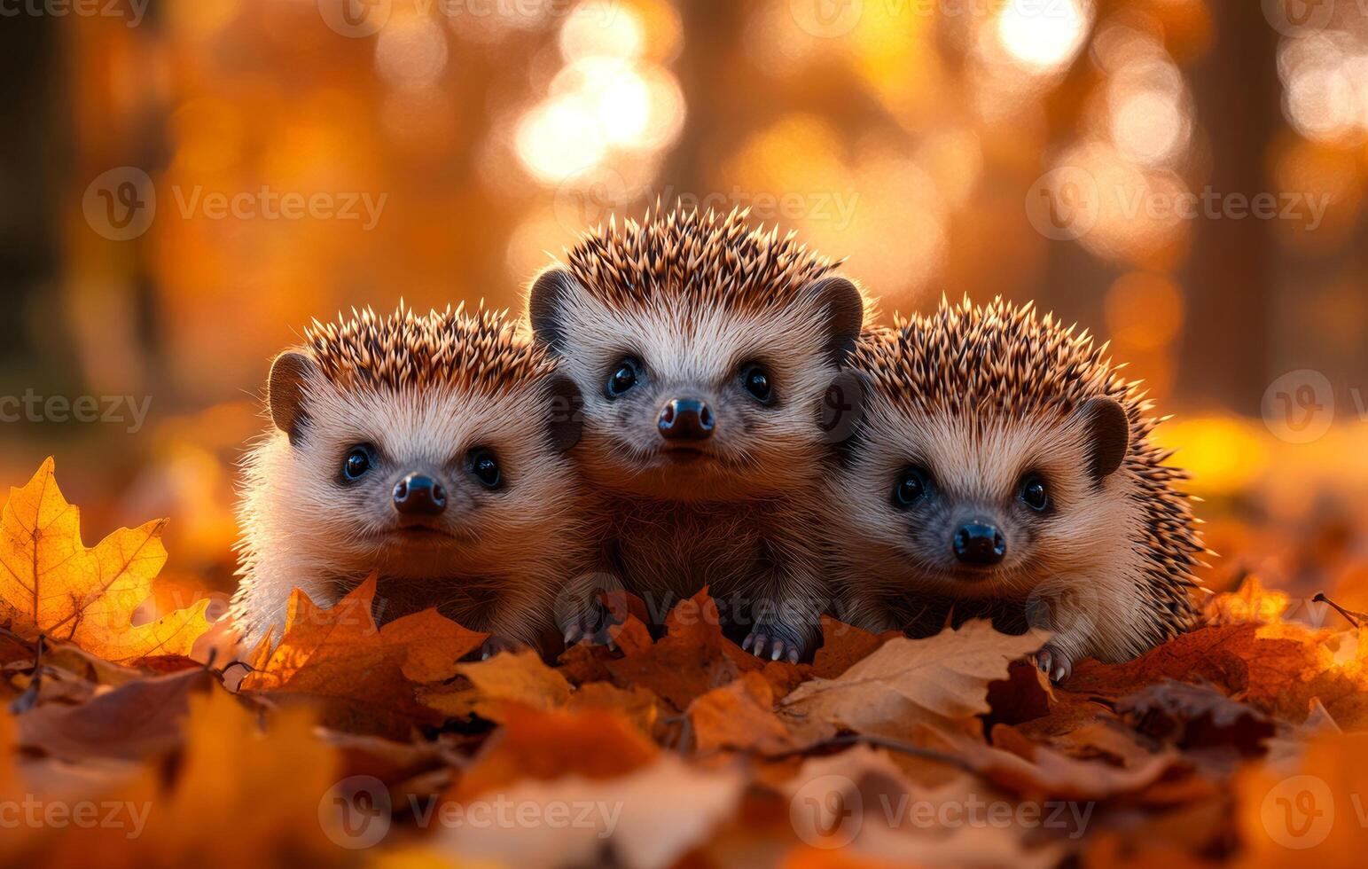 Three baby hedgehogs are sitting on a pile of leaves photo
