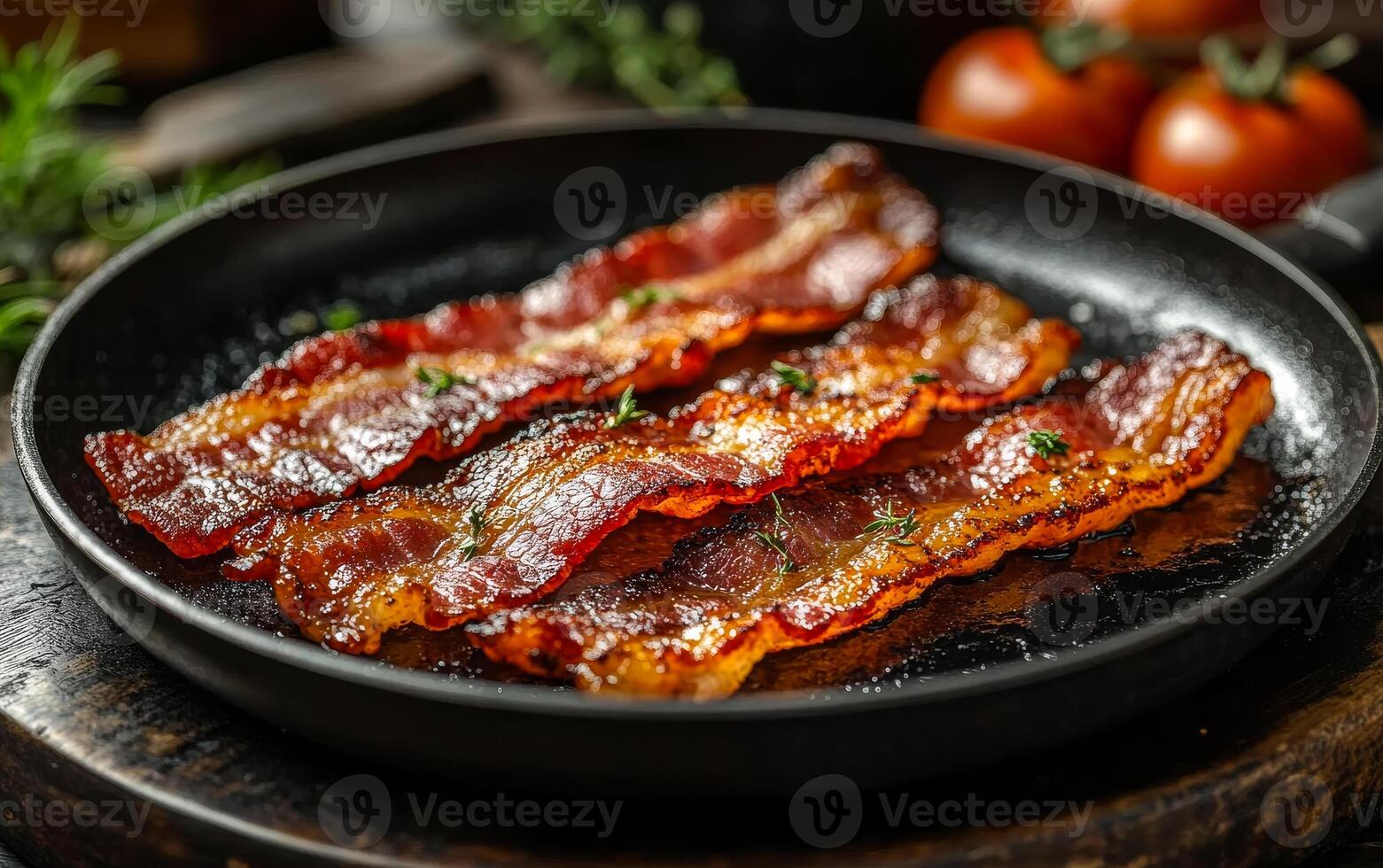 Three strips of bacon are cooked in a pan and are ready to be eaten. The bacon is crispy and has a savory flavor photo