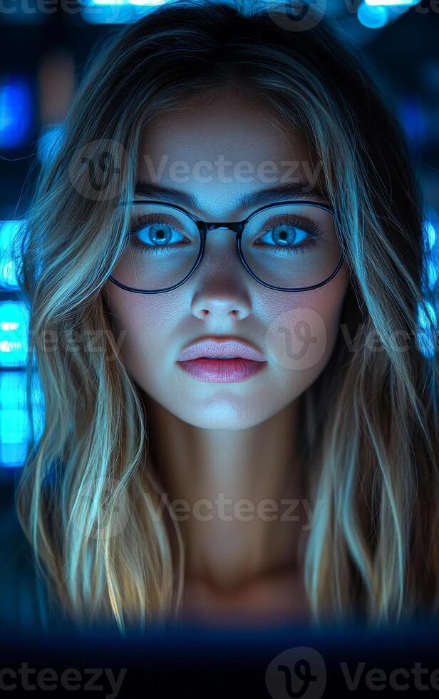 A woman with long blonde hair and glasses is staring at the camera. The image has a moody and mysterious feel to it, as if the woman is looking into a dark and unknown place photo