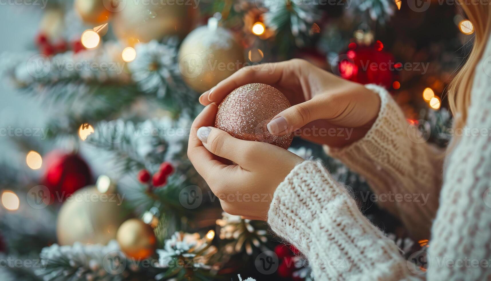 A woman is holding a gold and red Christmas ornament. The tree is decorated with many ornaments, including some red and gold ones photo