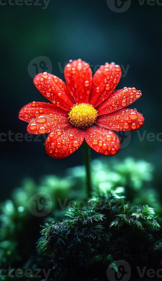 A red flower with dew drops on it. The flower is in a green background photo
