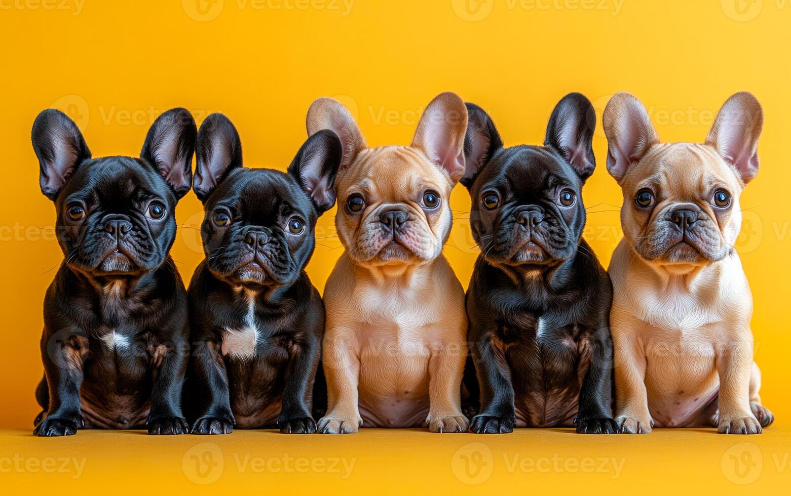 A group of five puppies are sitting in a row on a yellow background. The puppies are of different colors, including black, brown, and white. Concept of warmth and companionship photo