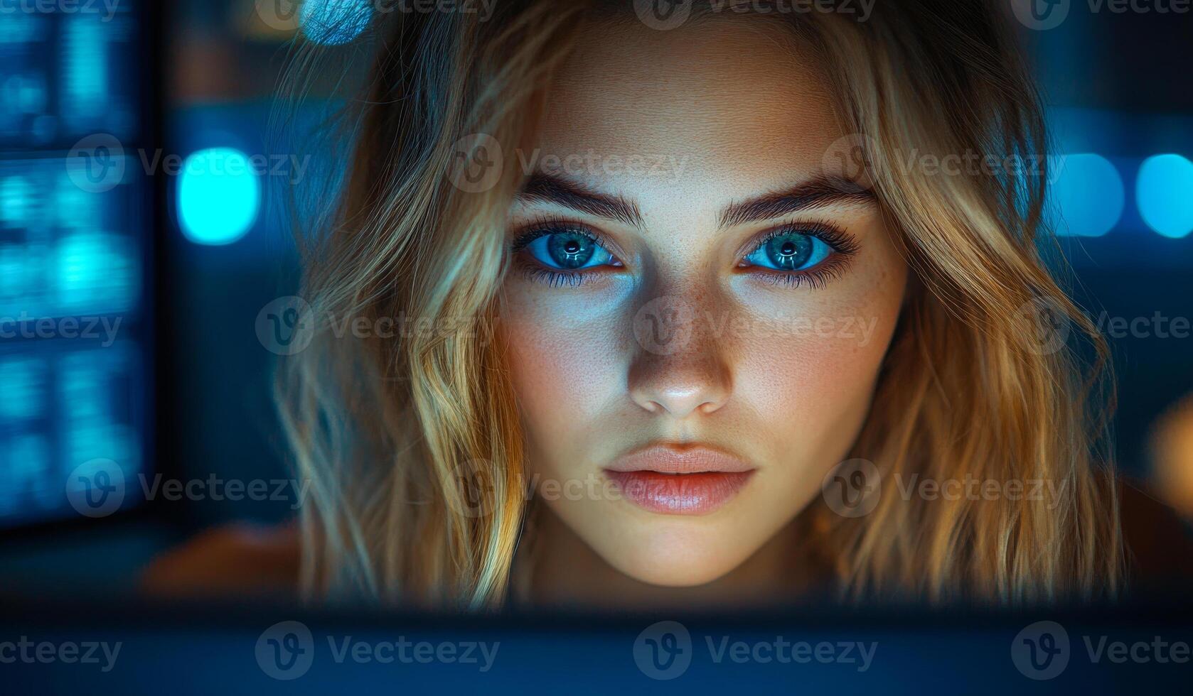 A woman with blue eyes is looking at a computer screen. Concept of focus and concentration as the woman stares intently at the screen photo