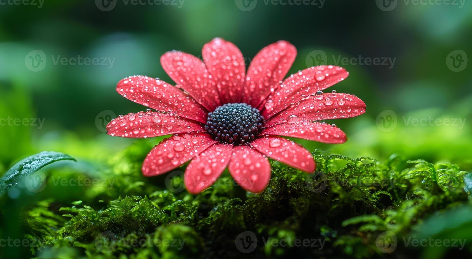 A red flower with dew drops on it is the main focus of the image. The flower is surrounded by green moss, giving it a natural and serene appearance photo