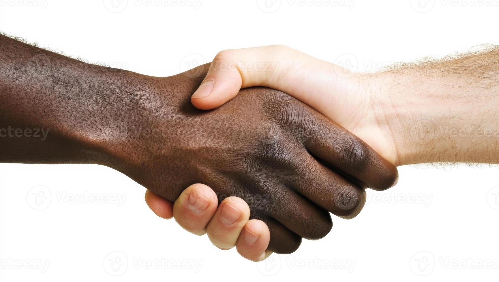 Two hands shaking hands on a white background. Concept of unity and peace between people of different races photo