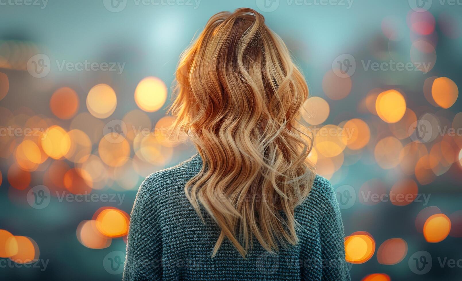 A woman with long blonde hair is standing in front of a city skyline. The city lights create a warm and inviting atmosphere, making the viewer feel as if they are in the heart of the city photo