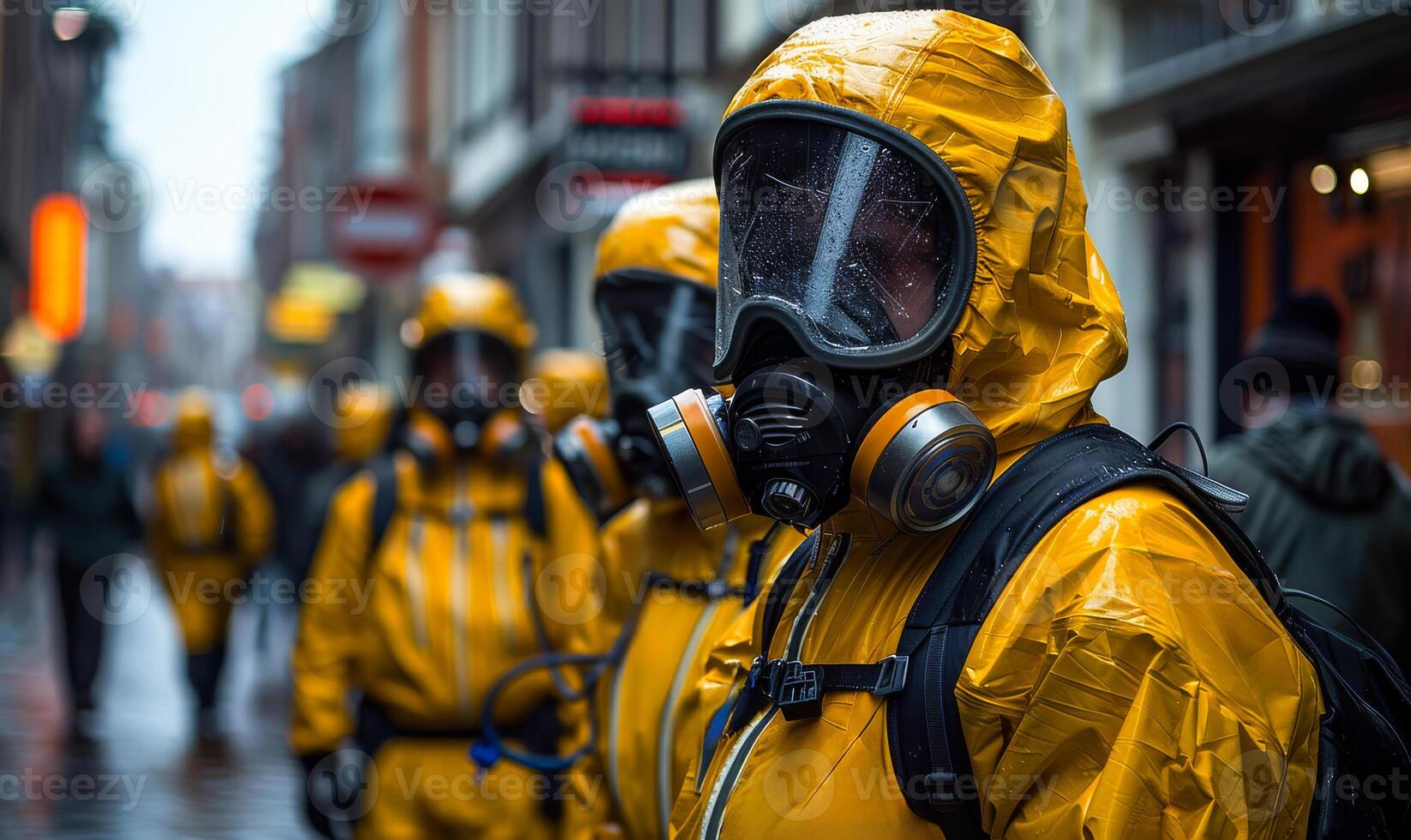 A group of people in yellow protective gear stand on a wet street. The scene is somewhat ominous, as the people are wearing masks and appear to be in a hazardous situation photo