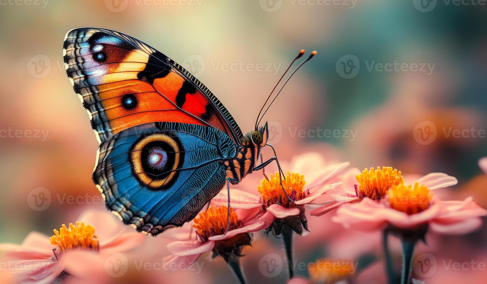 A butterfly is sitting on a flower. The butterfly is blue and orange photo