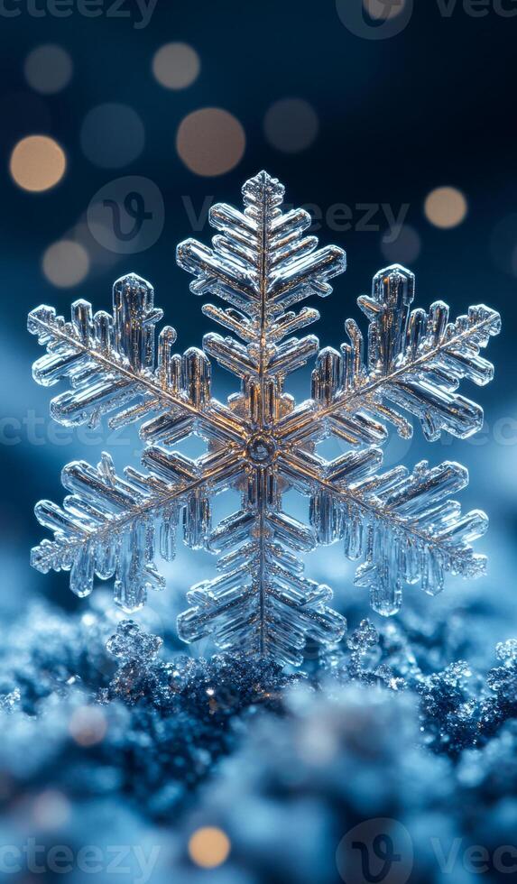 A snowflake is sitting on a blue surface. The snowflake is made of ice and is very clear photo