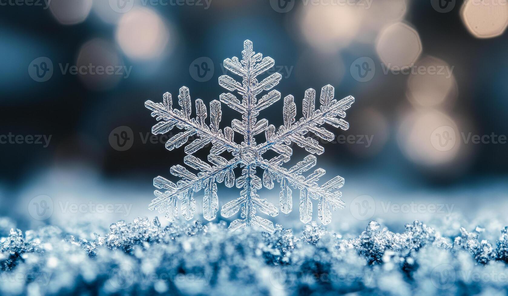 A snowflake is on the ground in front of a blue sky. The snowflake is surrounded by a blue and white background photo