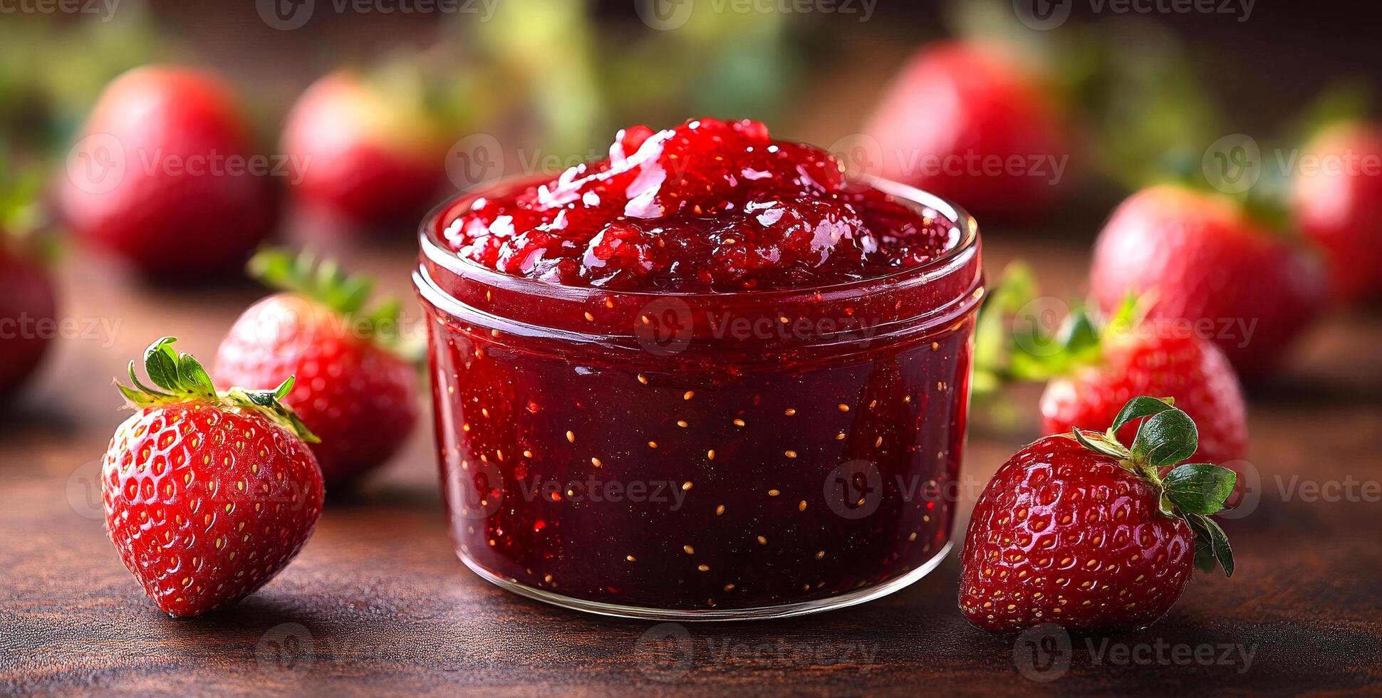 A jar of strawberry jam sits on a wooden table with a bunch of strawberries next to it. The jar is filled with a deep red sauce, and the strawberries are fresh and ripe. Concept of warmth and comfort photo