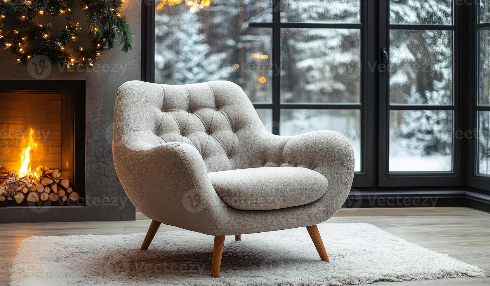A white chair with a fireplace in the background. The chair is in a living room with a window and a rug. Scene is cozy and warm photo