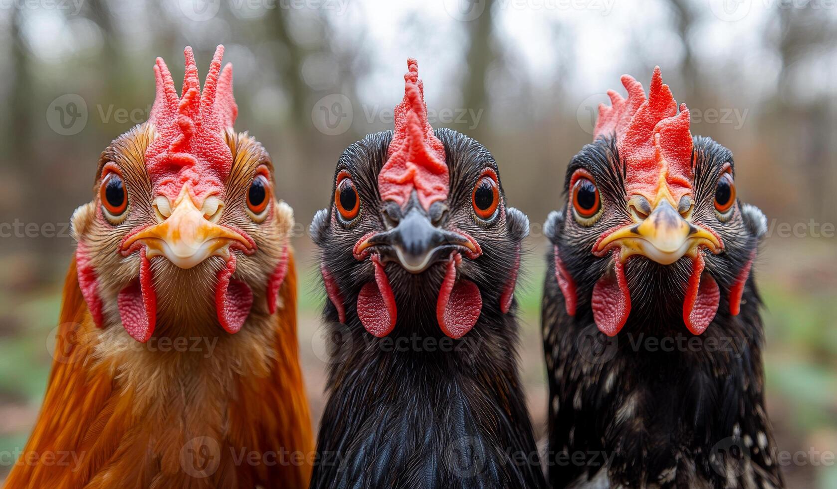 Three chickens with red beaks and black bodies are standing next to each other. They are all looking at the camera with their beaks open photo
