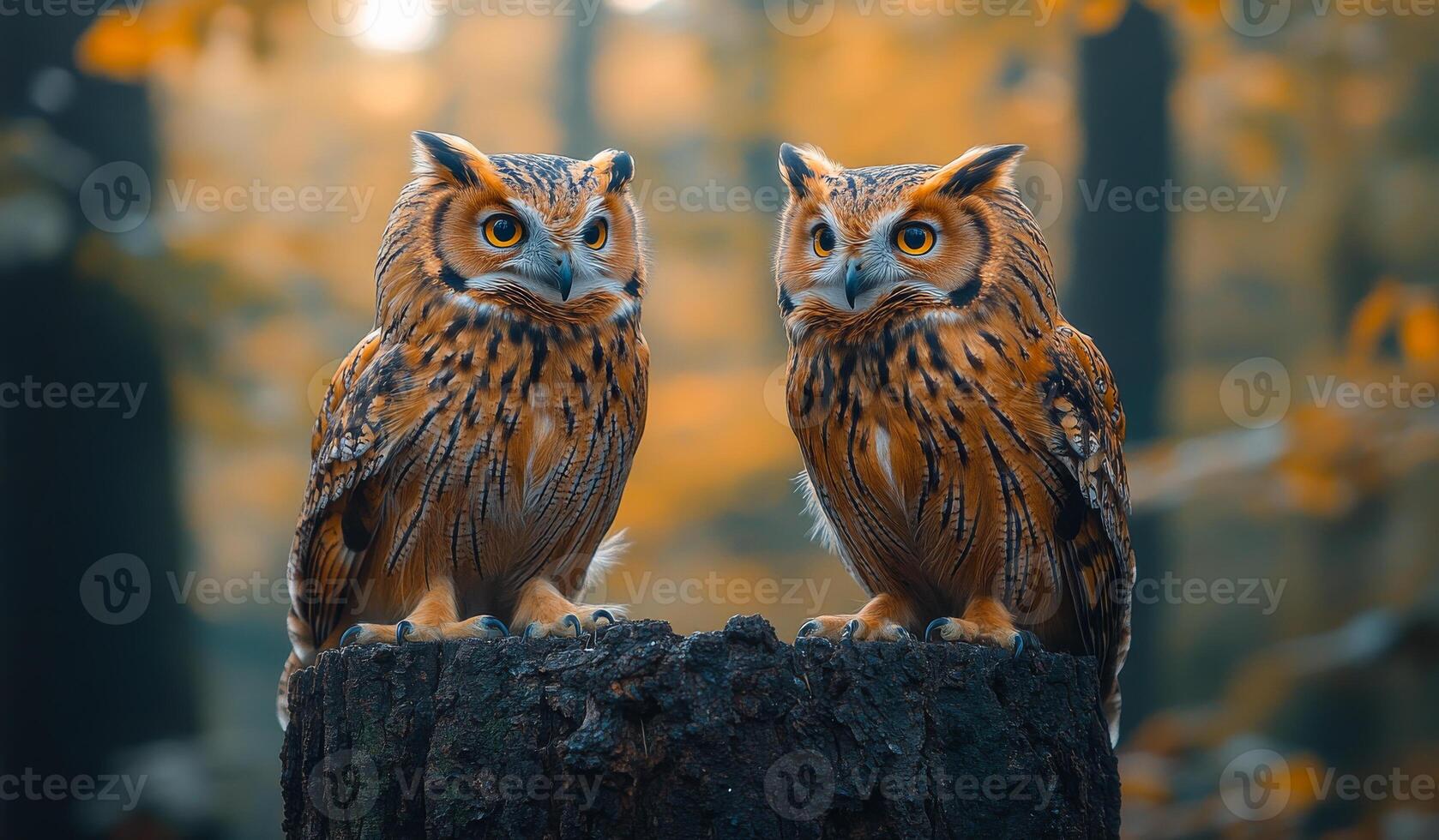 Two owls sitting on a log in a forest. The owls are looking at the camera photo