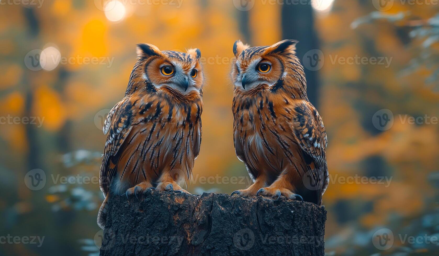 Two owls sitting on a log in a forest. The owls are looking at the camera photo