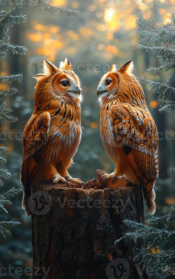 Two owls are sitting on a log in a forest. The owls are looking at the camera photo