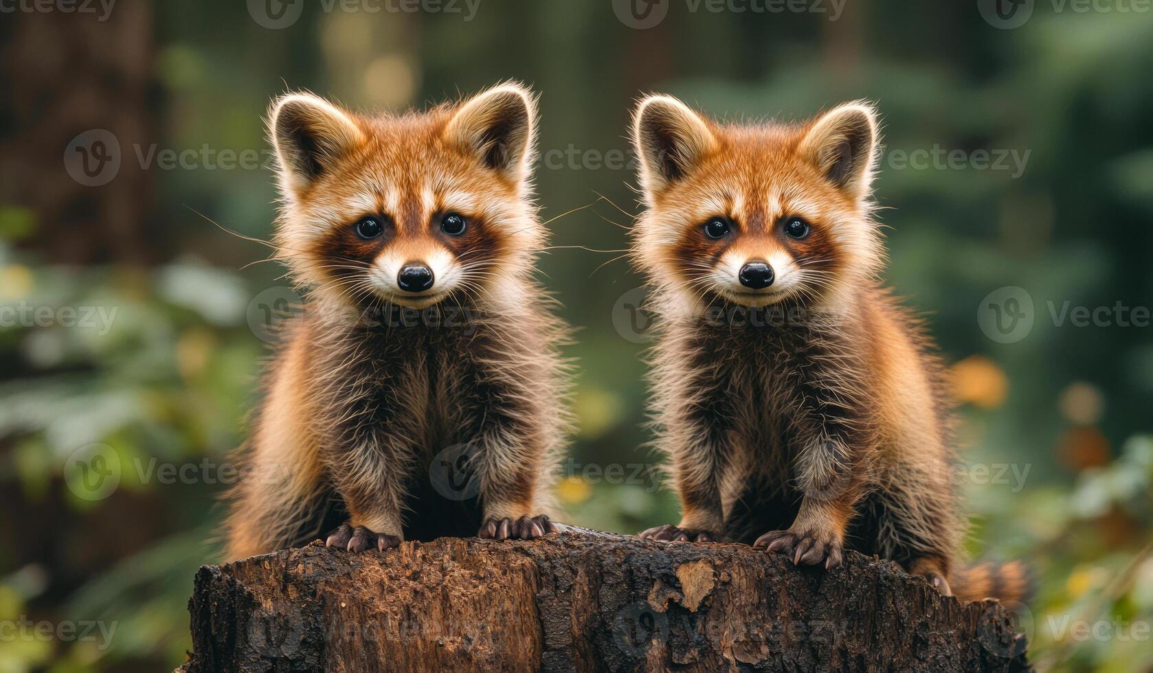 Two baby raccoons are sitting on a log in the woods. They are both looking at the camera photo