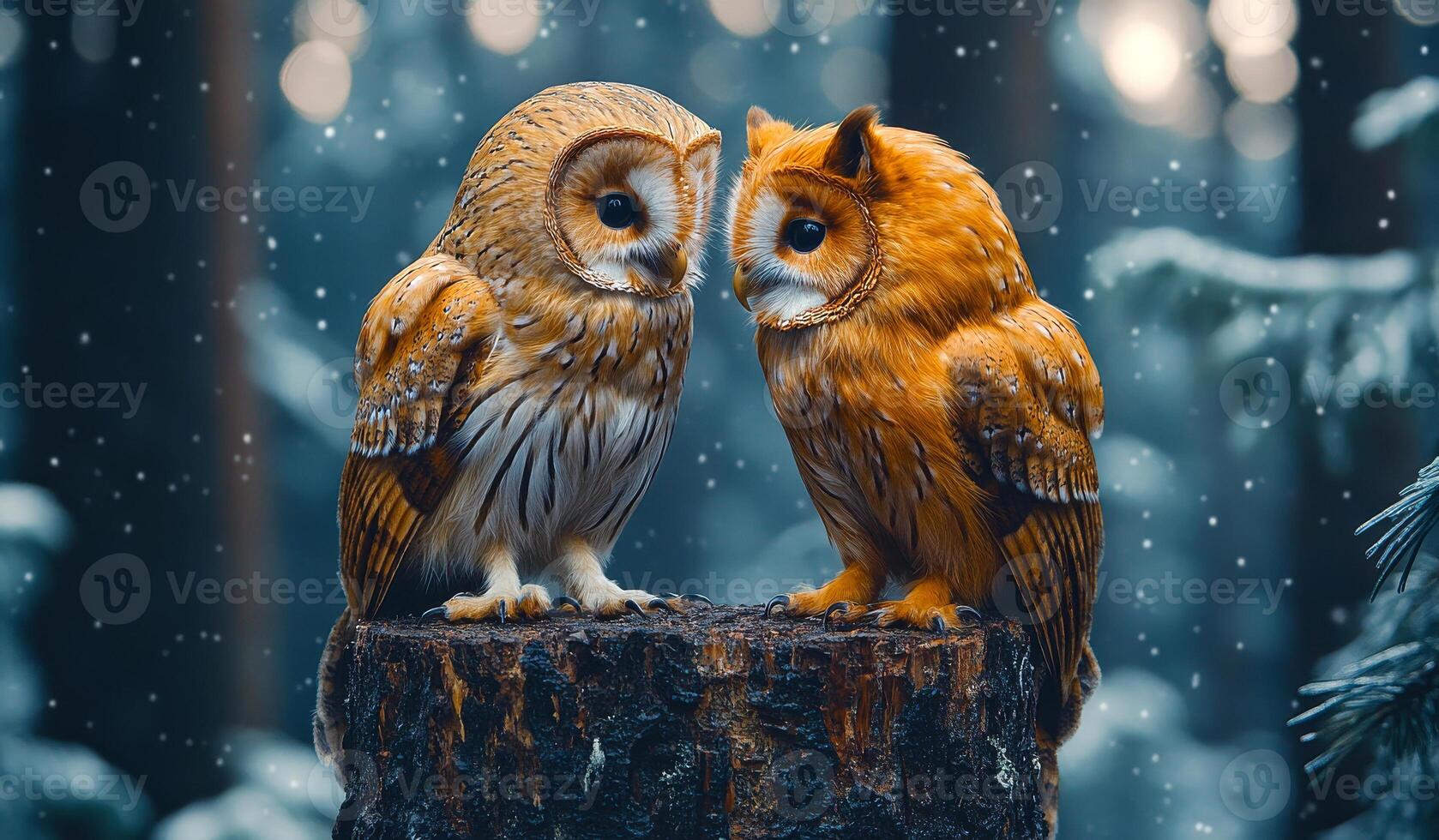Two owls are sitting on a log in the snow. The owls are looking at each other photo