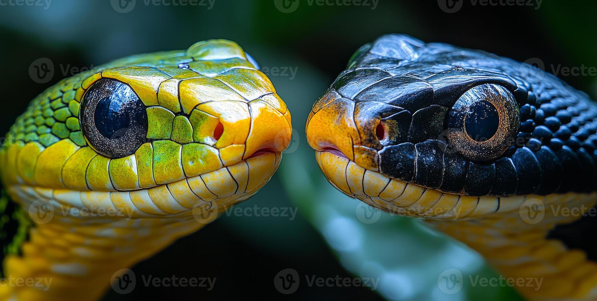 Two snakes with yellow and black markings are facing each other. The yellow and black colors of the snakes create a striking contrast photo