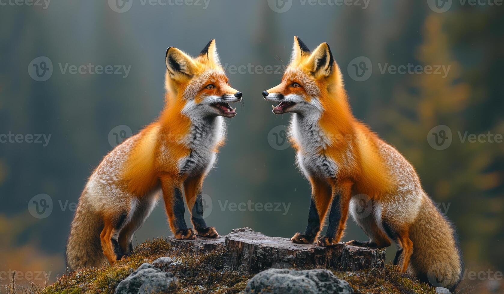 Two foxes are standing on a log, looking at the camera. The image has a peaceful and serene mood, as the foxes seem to be enjoying their time on the log photo