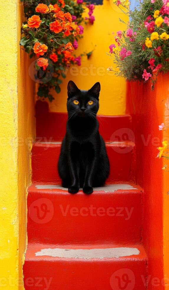 A black cat sits on a red staircase. The cat is looking up at the camera. The staircase is surrounded by colorful flowers photo