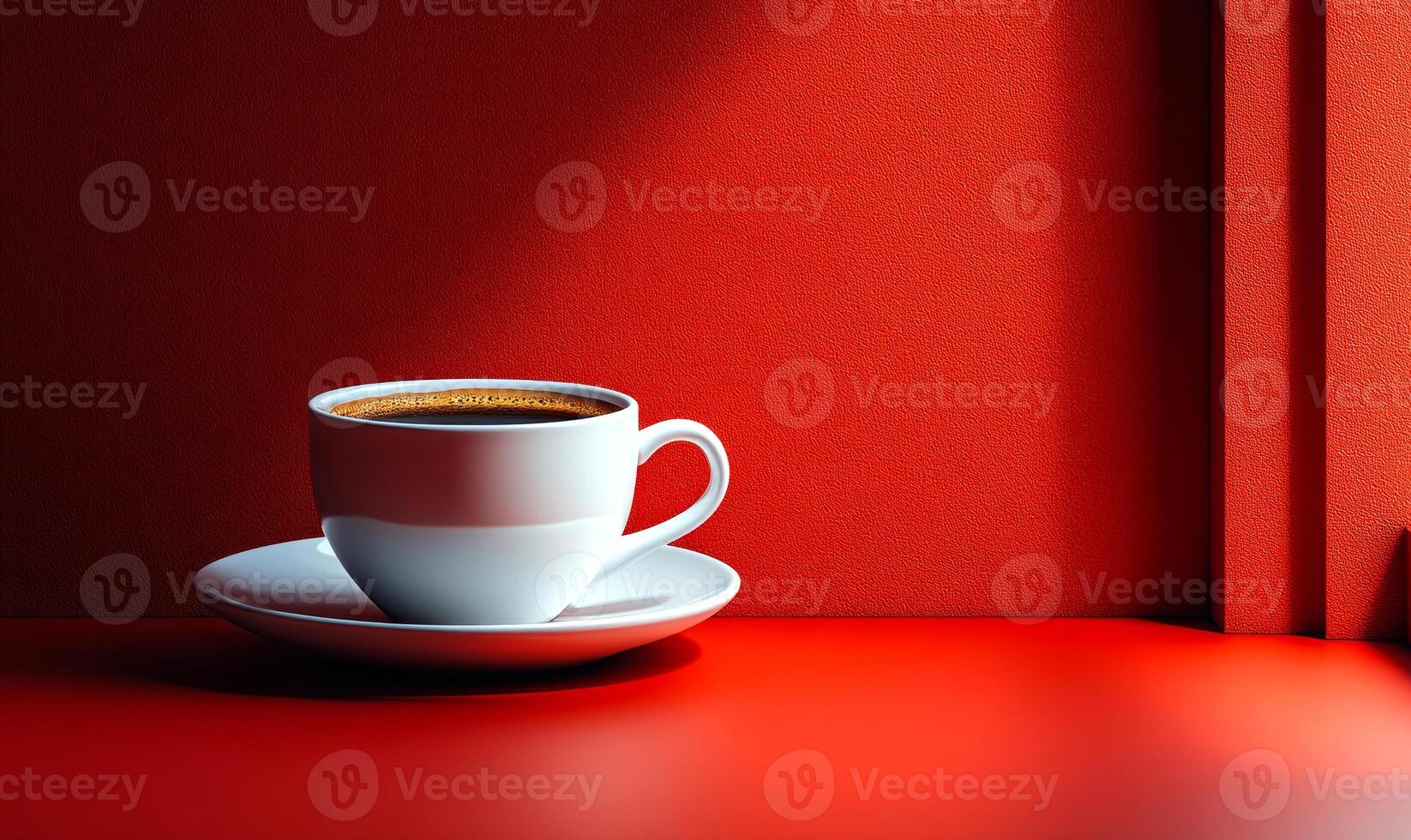 A white coffee cup sits on a red table. The red background and the white cup create a contrast that makes the cup stand out photo