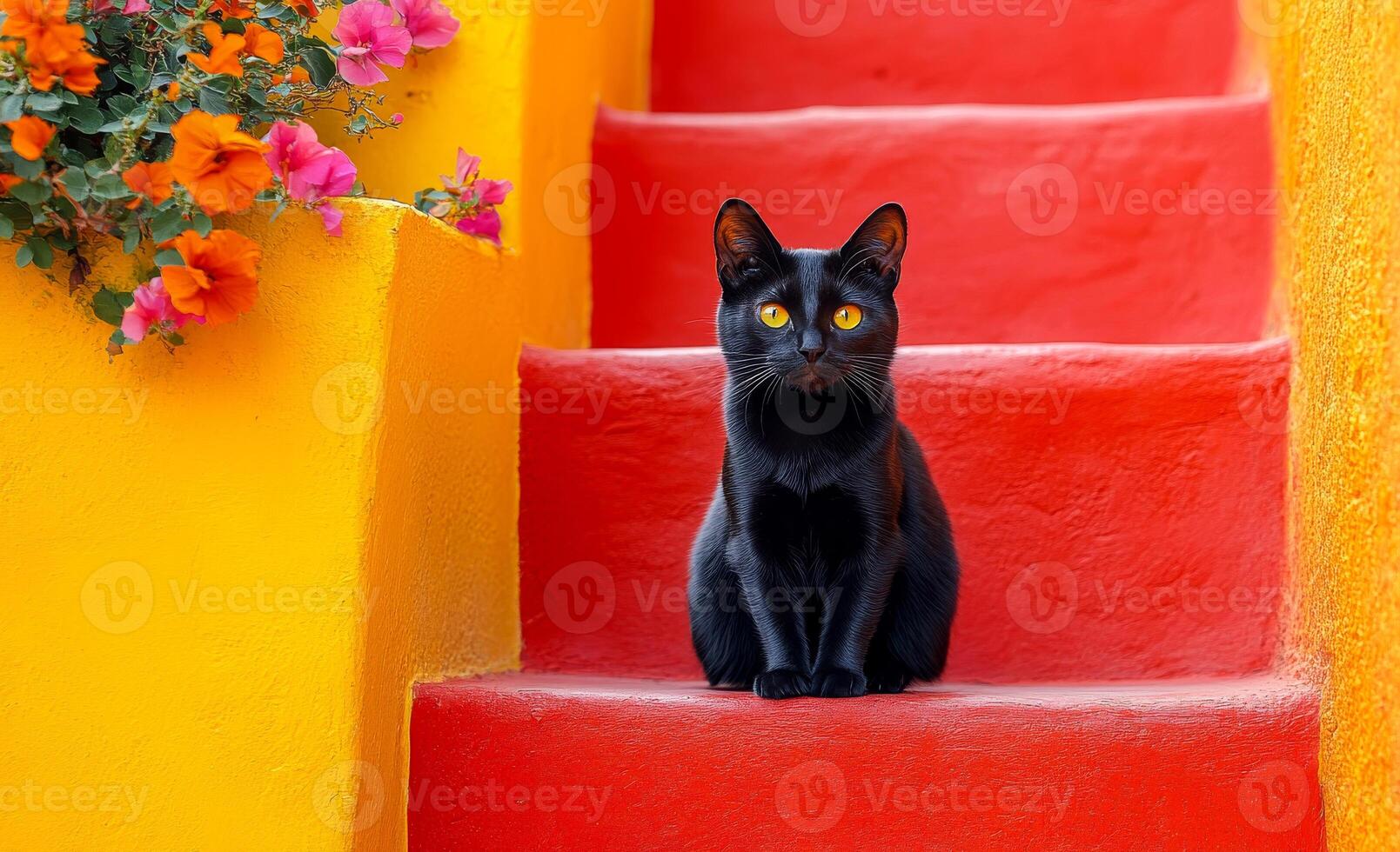 A black cat sits on a red staircase. The cat is looking up at the camera. The staircase is surrounded by a colorful wall, which adds a vibrant touch to the scene photo