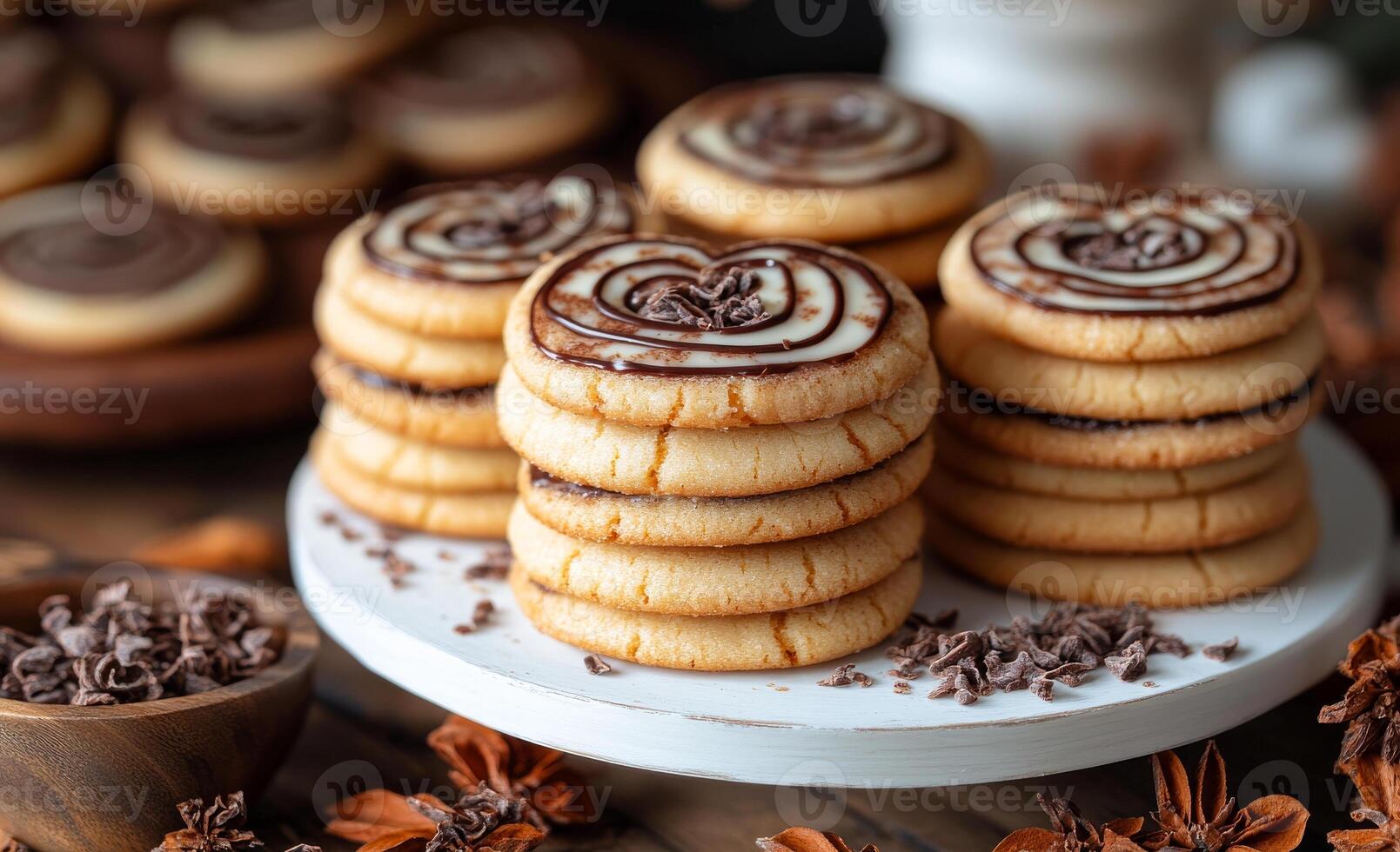 A stack of cookies with chocolate chips and a heart shape on top. The cookies are piled on top of each other and there is a bowl of chocolate chips next to them photo