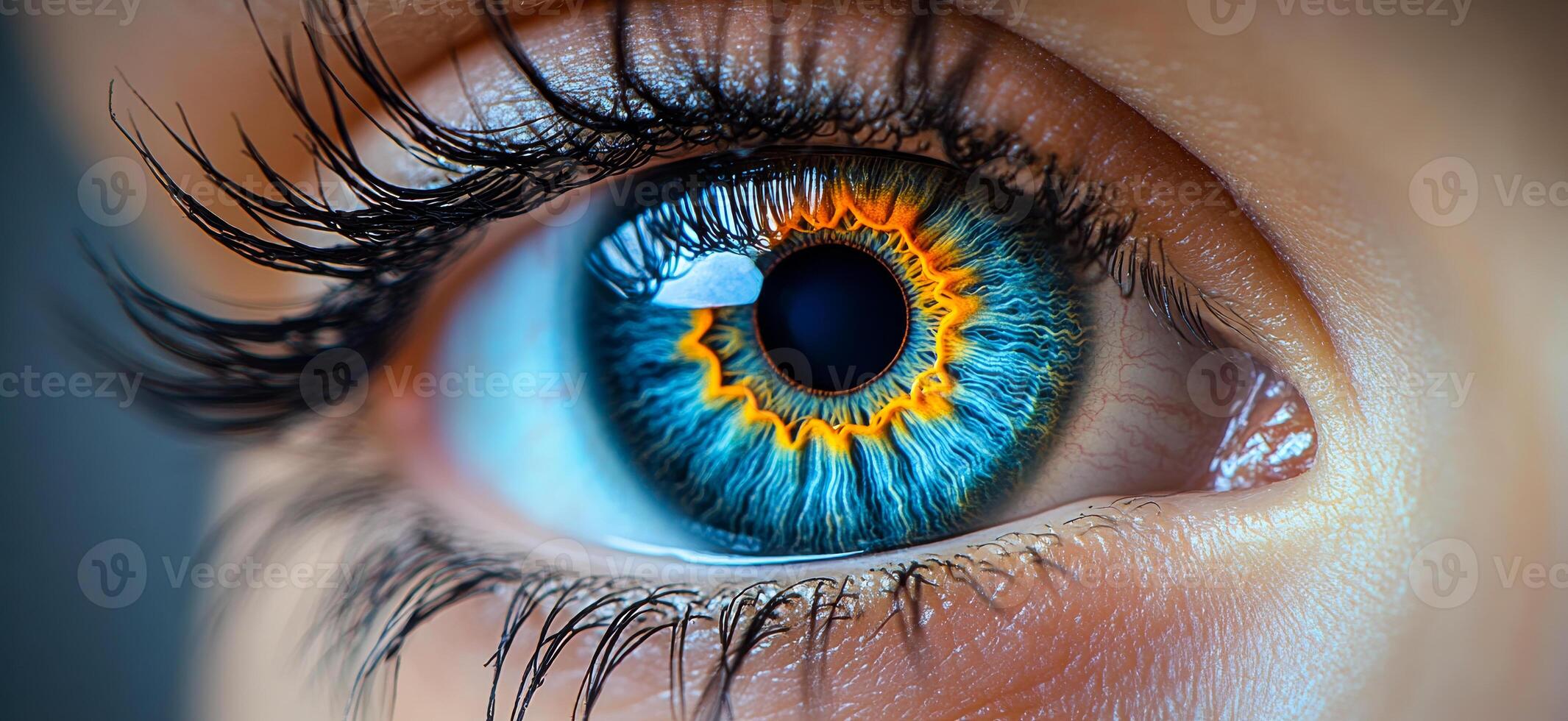 A close up of a person's eye with a blue iris and a yellow spot photo