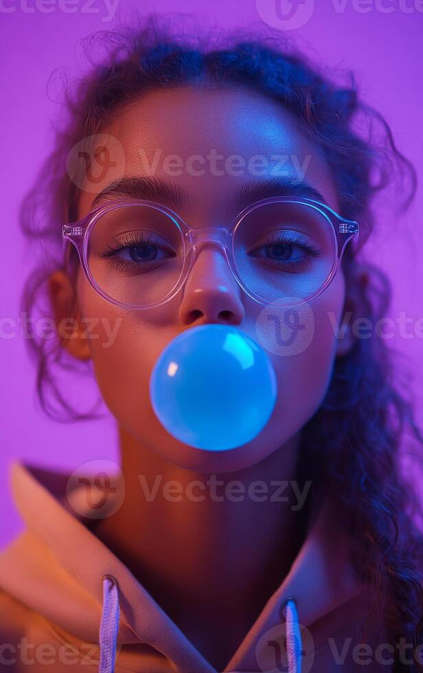 A woman with glasses blowing bubbles. The bubbles are blue and the woman is wearing a pink hoodie photo