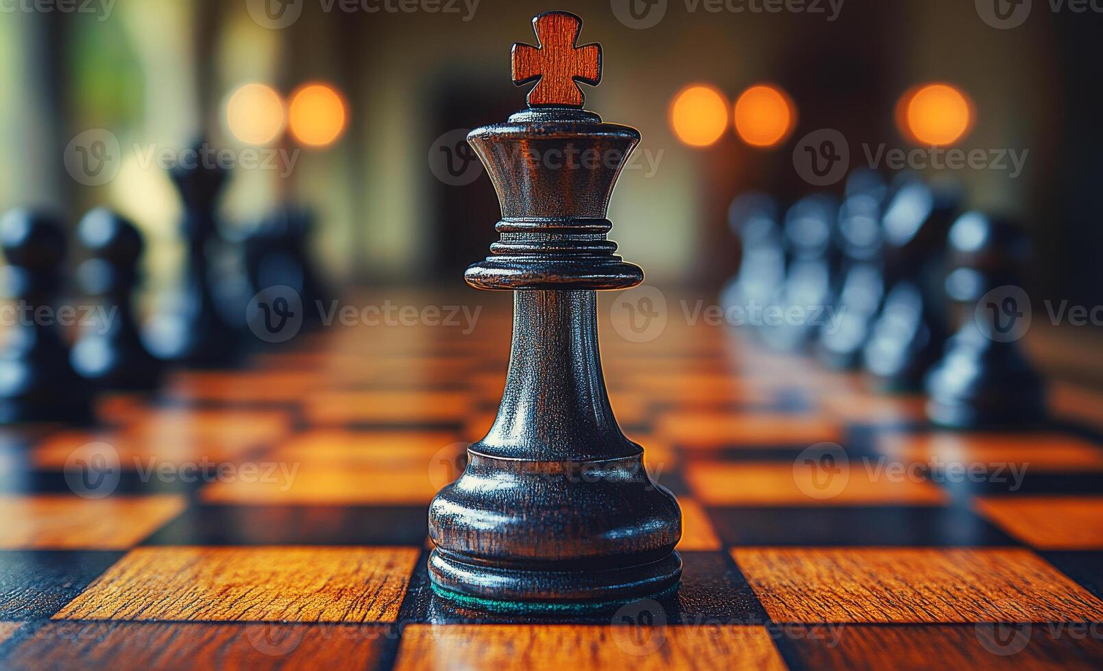 A black chess piece is on a wooden board with a cross on top. Concept of strategy and competition, as the king is the most important piece on the board photo