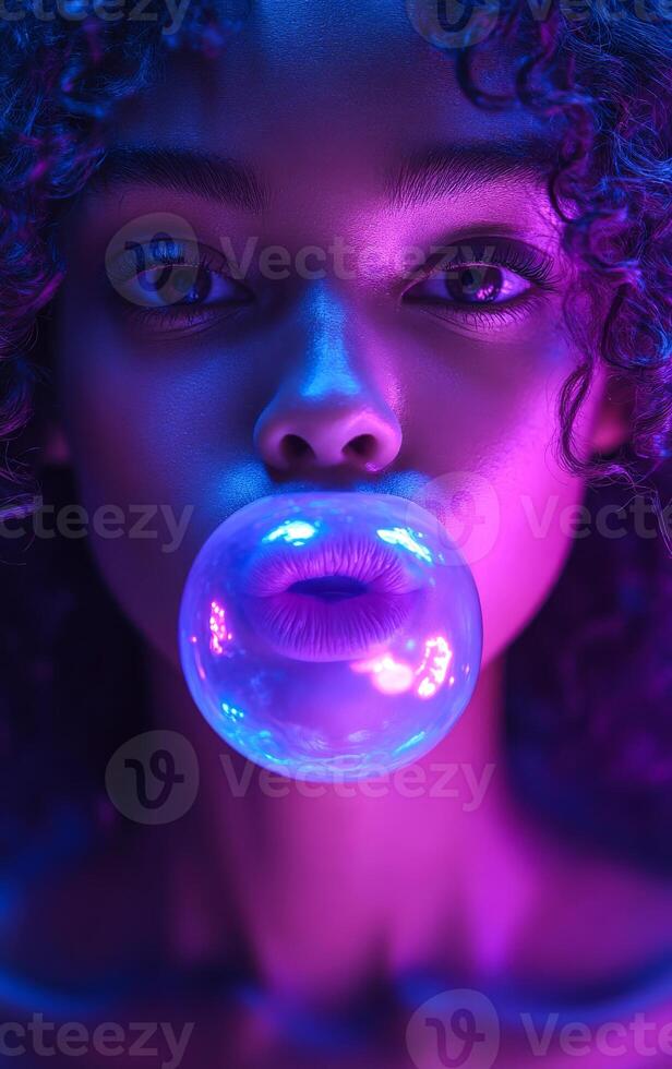 A woman is blowing bubbles in a purple light. The bubbles are glowing and the woman's face is illuminated by the light. The image has a dreamy, ethereal quality to it photo