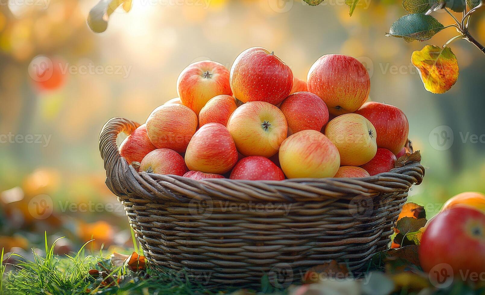 A basket full of apples is sitting on the grass. The apples are red and green, and they are wet from the rain. The basket is overflowing with apples, and there are many of them in it photo
