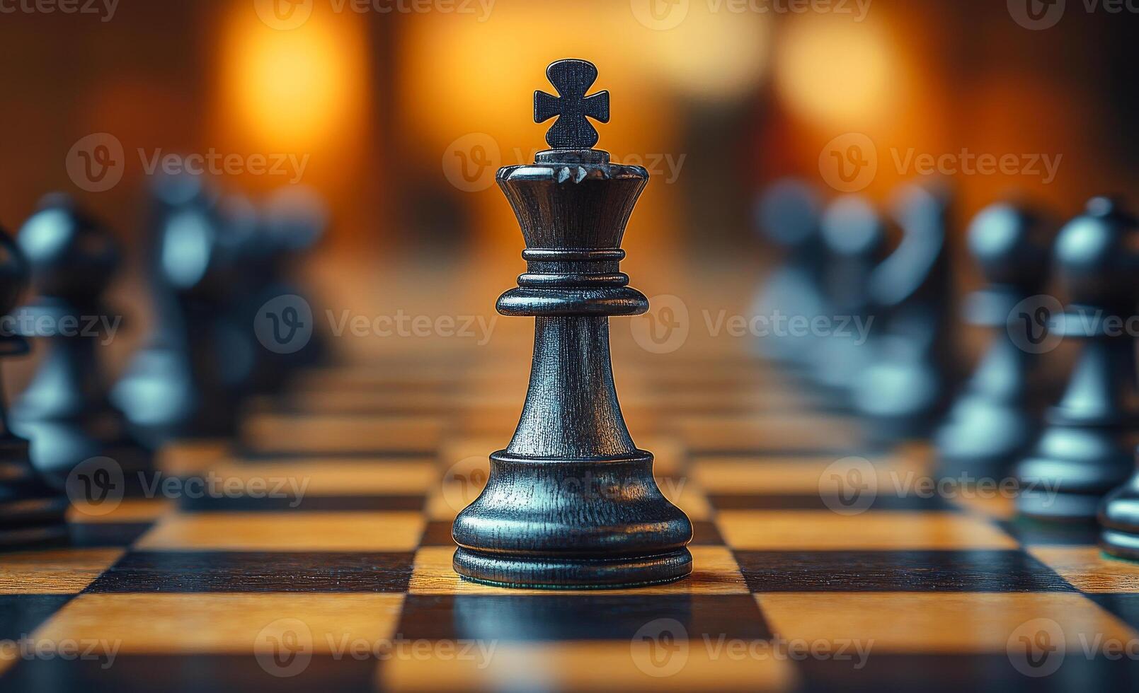 A black chess piece is on a checkered board. The king is in the middle of the board photo