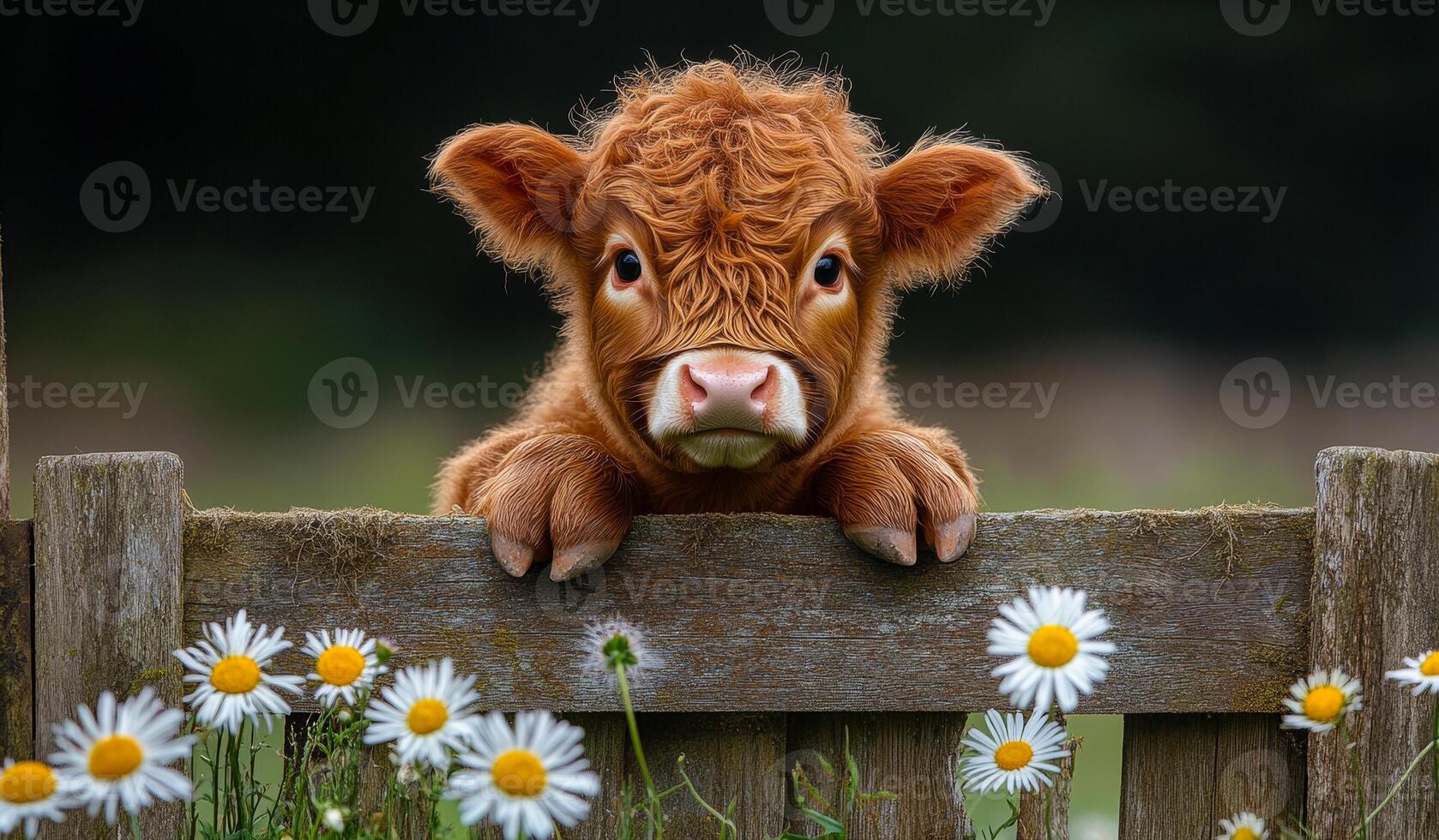 A baby cow is standing in front of a wooden fence with a bunch of yellow flowers in the background photo