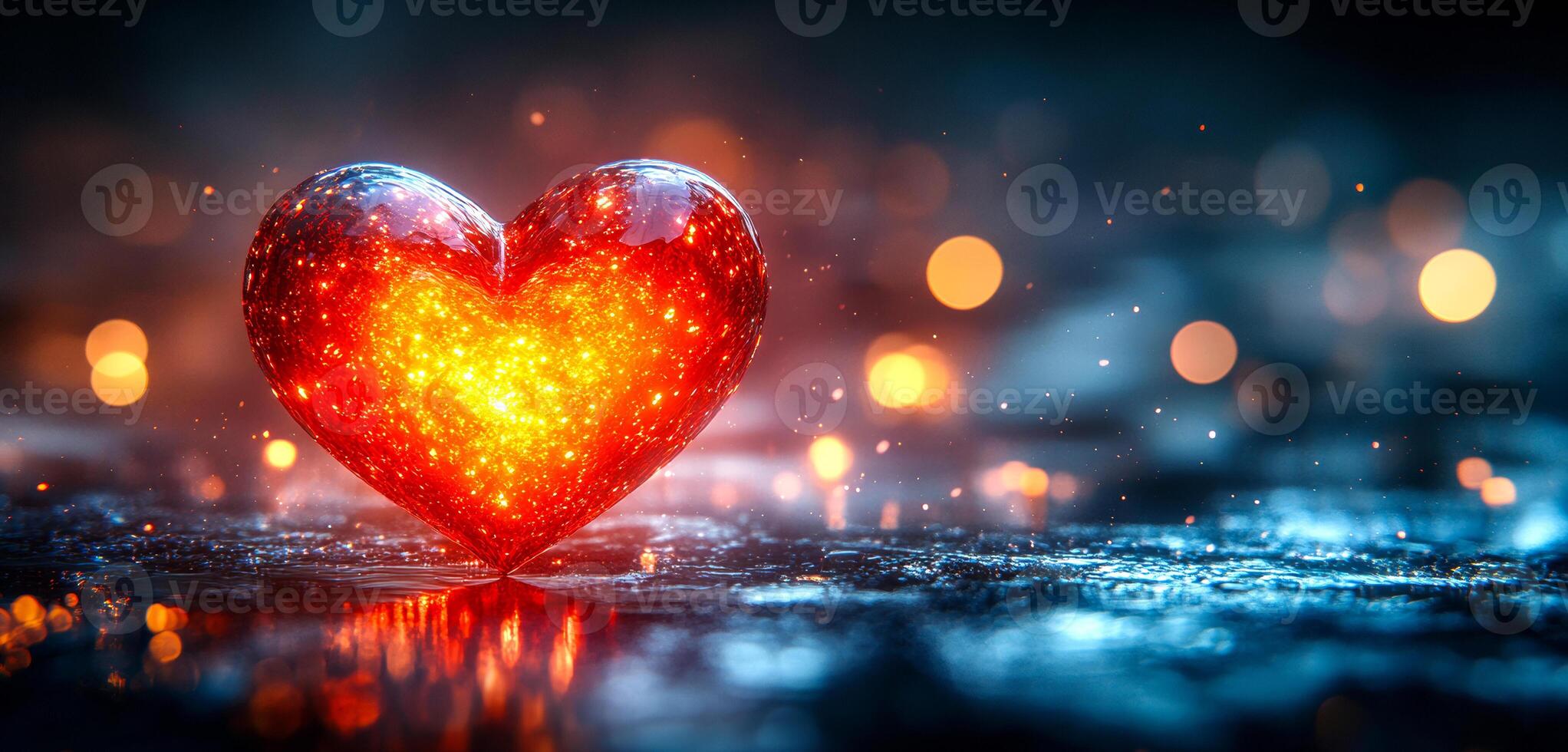 A heart is lit up with fire and is floating on water. The image has a romantic and dreamy mood photo