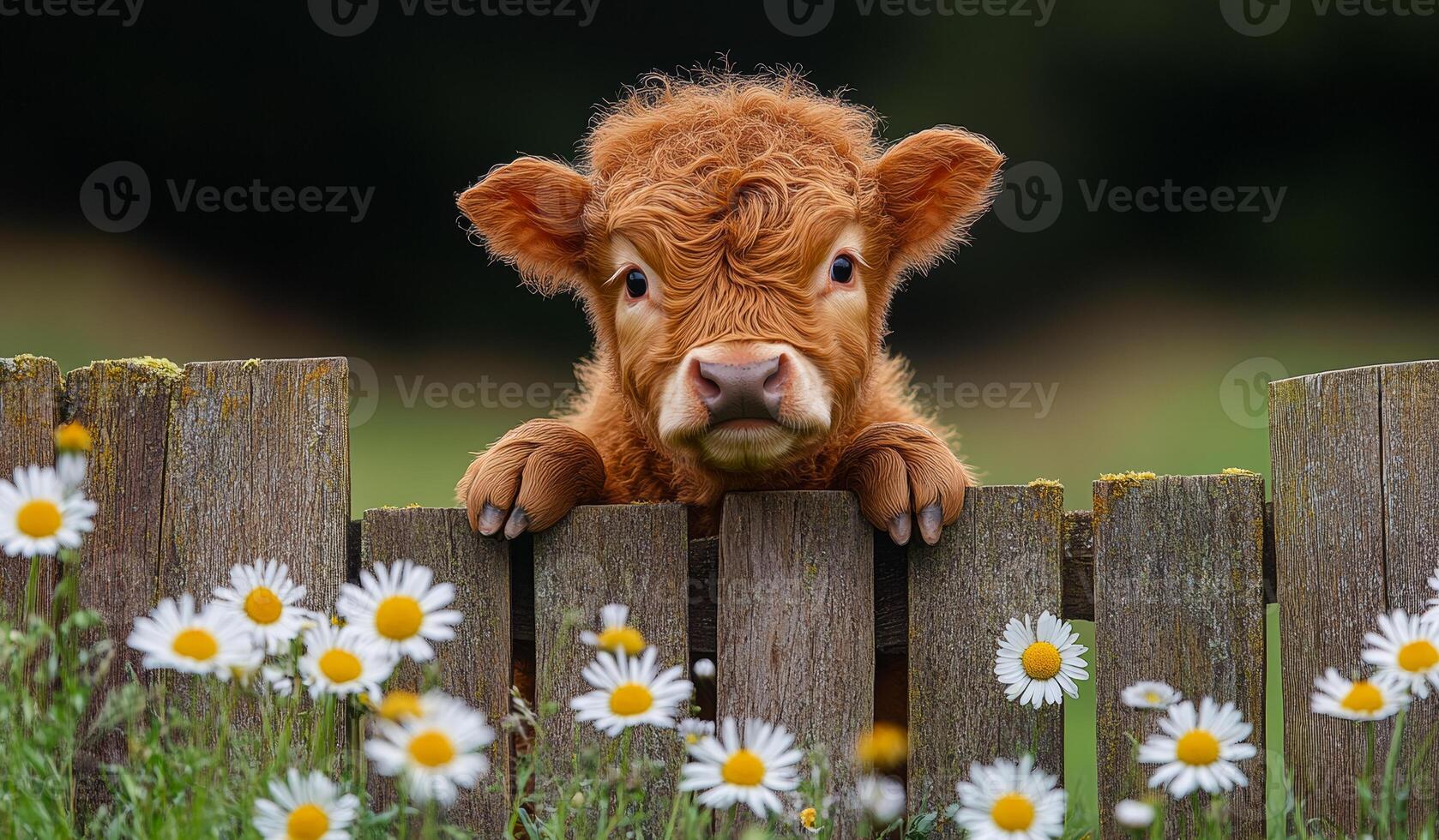 A baby cow is standing in front of a wooden fence with a field of flowers behind it. The cow appears to be curious and is looking at the camera photo