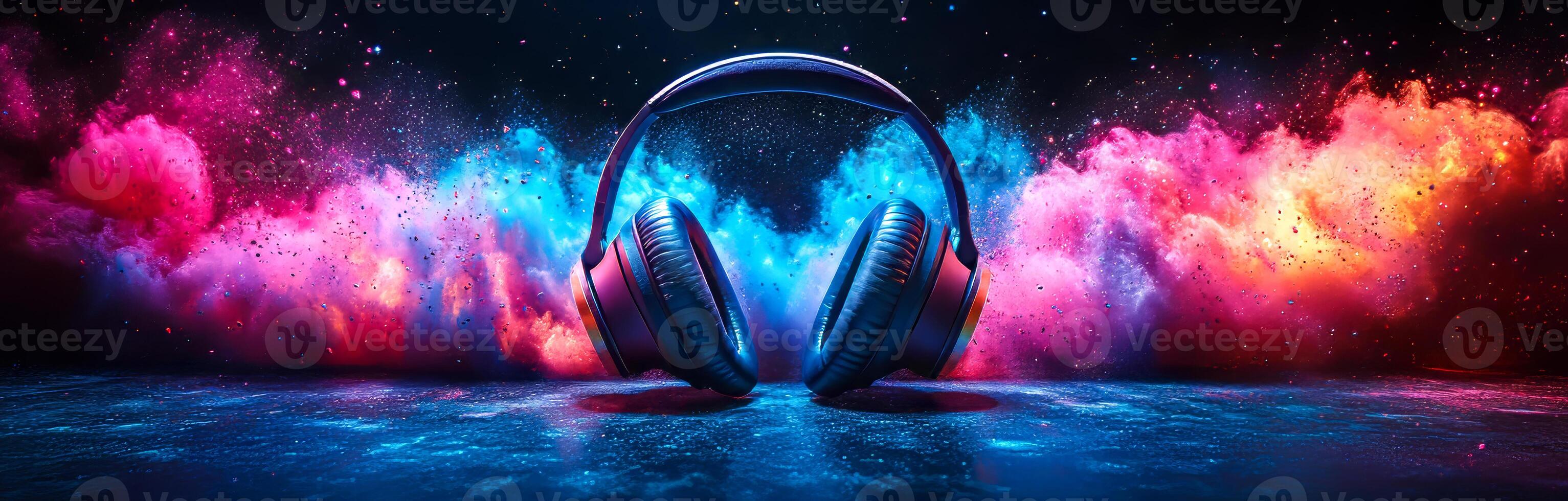 A pair of headphones is displayed in front of a colorful background. The headphones are positioned in a way that they appear to be listening to the music in the background photo