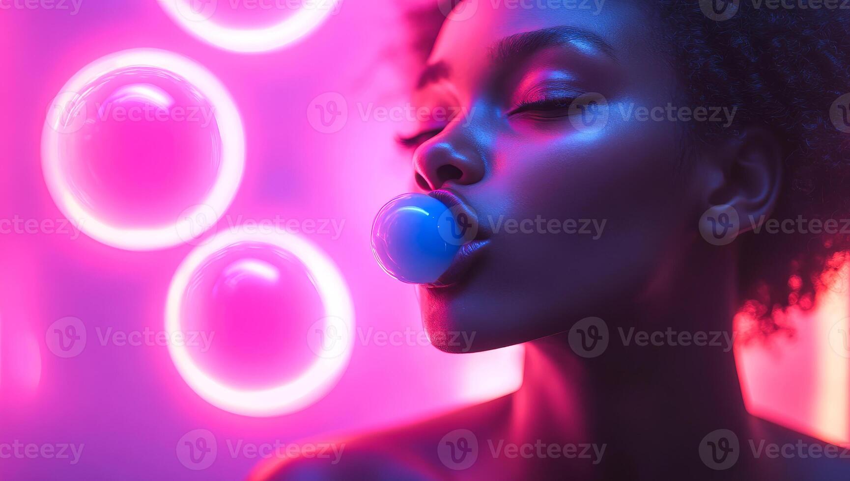 A woman is blowing bubbles with a bubble gum. The bubbles are pink and the woman is looking away. The image has a fun and playful mood photo