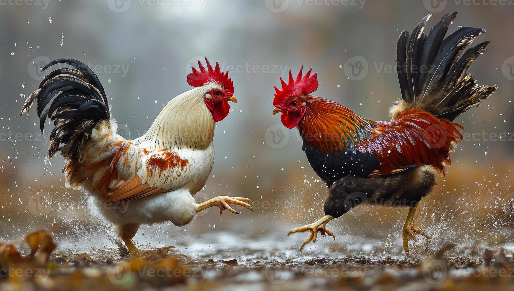 Two roosters are fighting in the rain. One is white and the other is red. Cockfighting photo