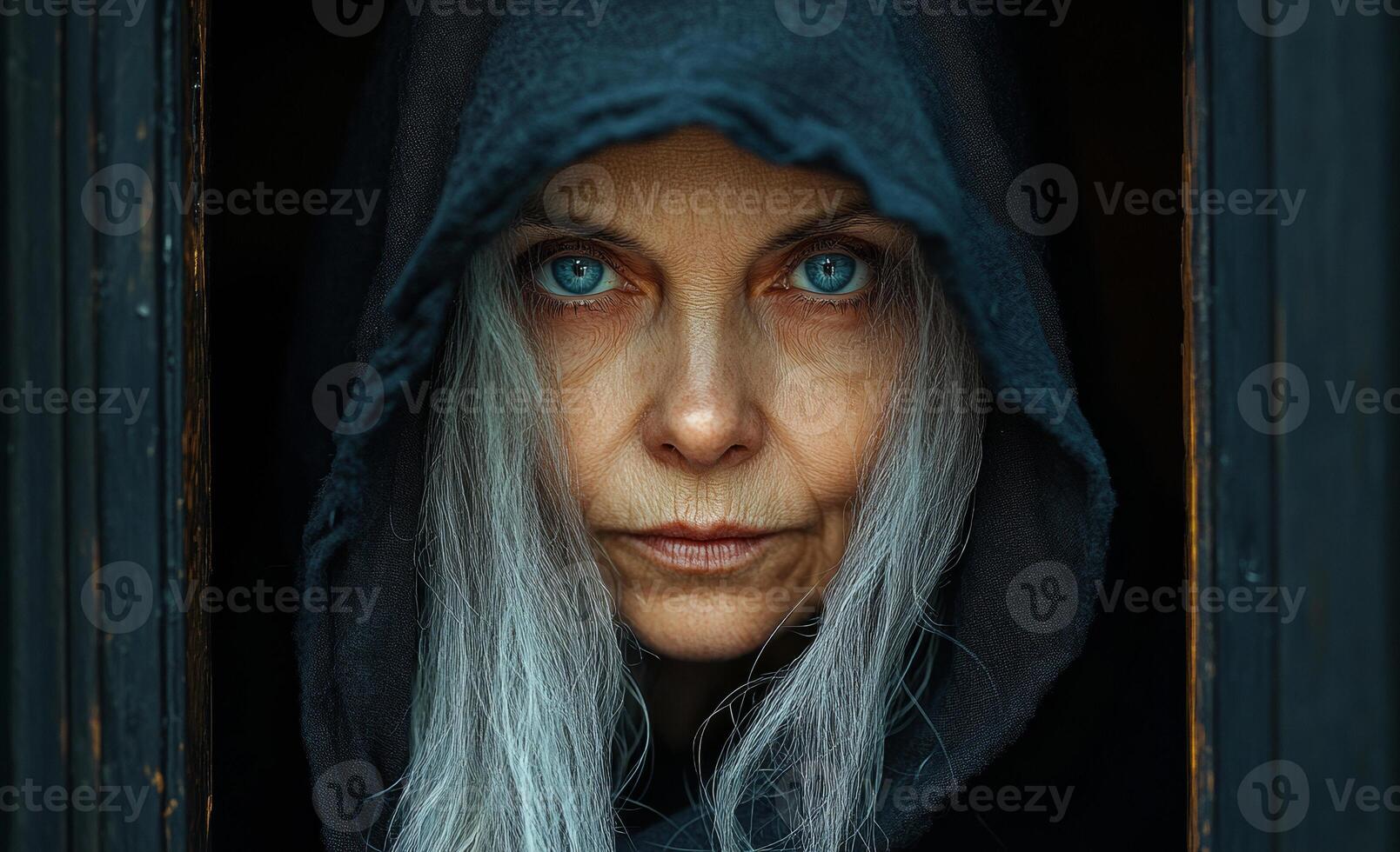 A woman with long gray hair and blue eyes is wearing a hooded sweatshirt. She looks tired and sad photo