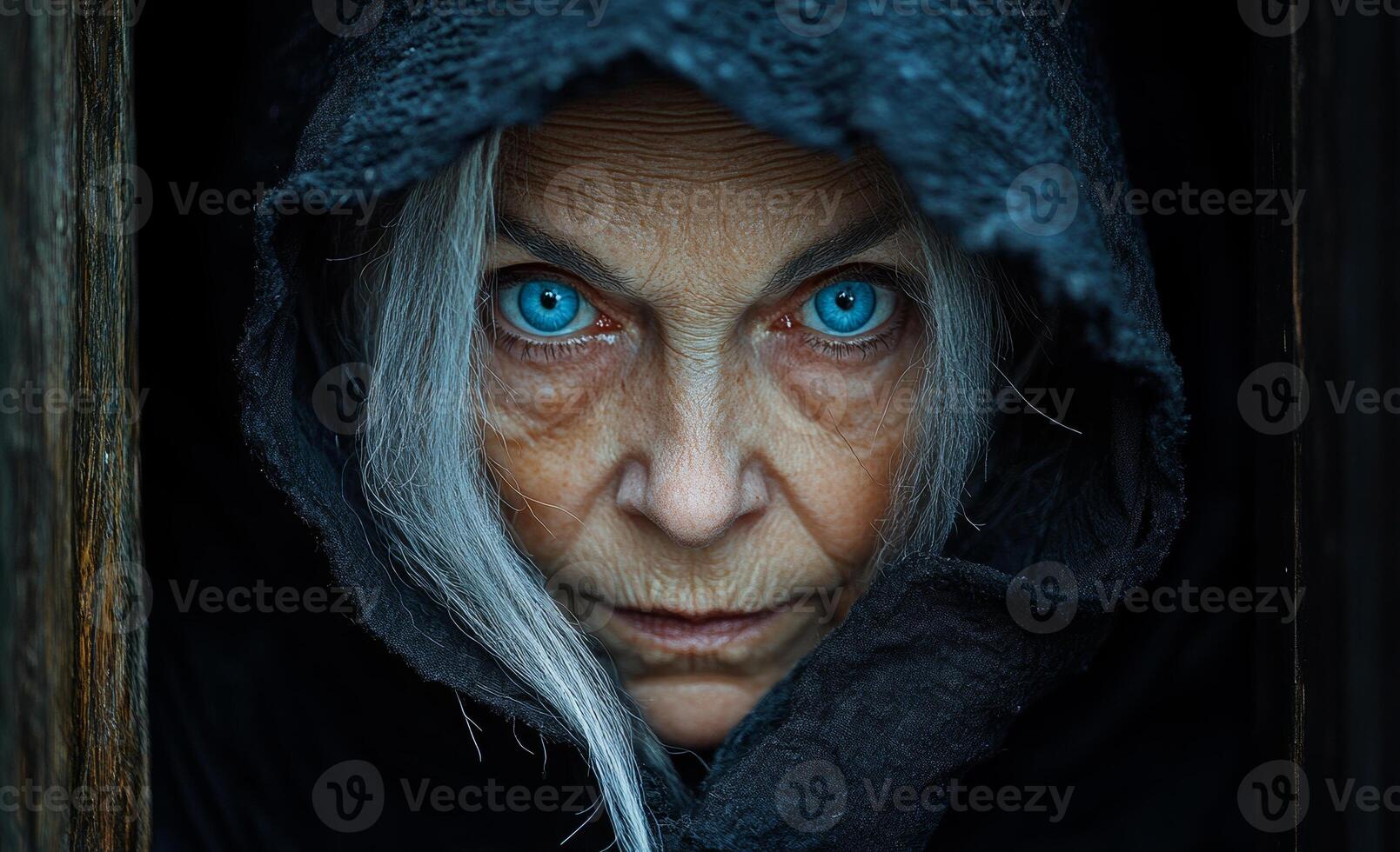 A woman with blue eyes and grey hair is wearing a black hooded cloak. She is looking directly at the camera photo