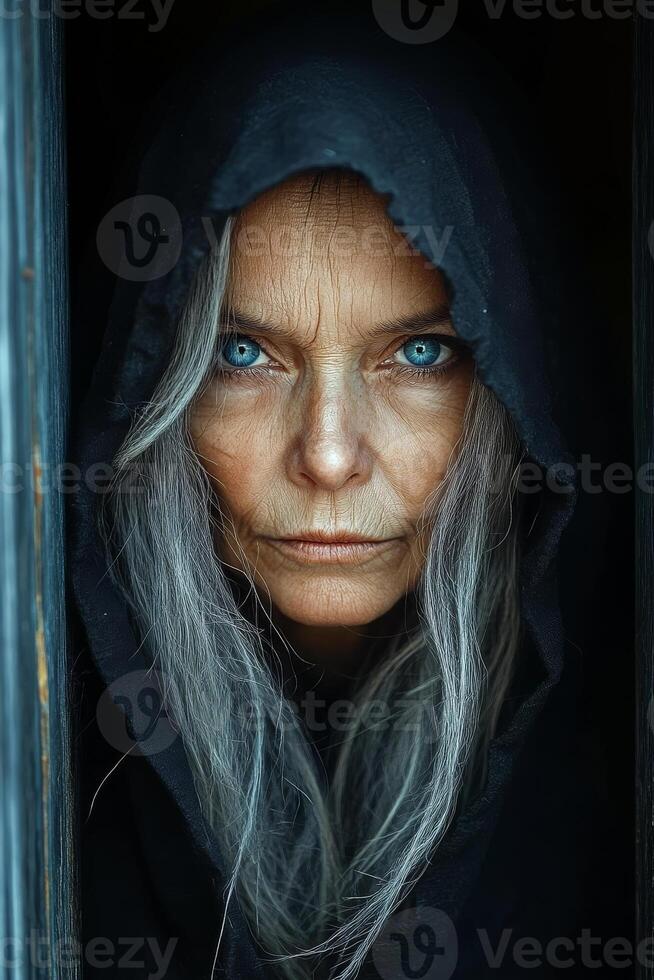 A woman with long hair and blue eyes is wearing a hooded cloak. She is looking directly at the camera photo