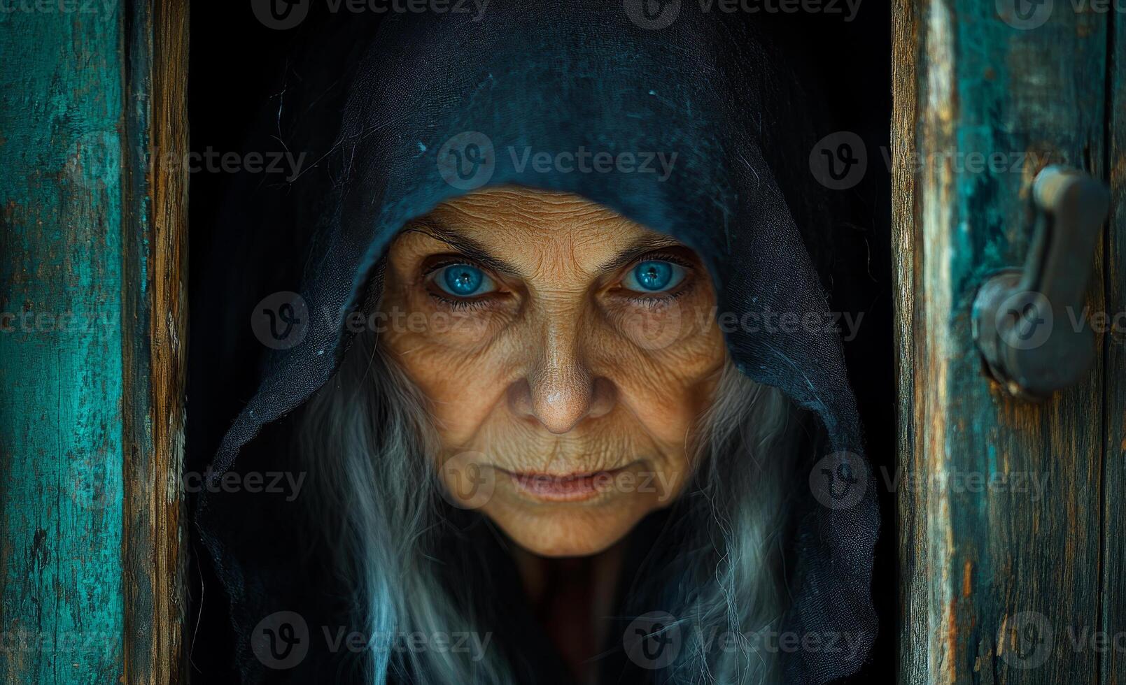 A woman with blue eyes and gray hair is standing in front of a door. She is wearing a hooded cloak and has a creepy expression on her face photo